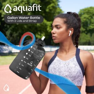 AQUAFIT 1 Gallon Water Bottle With Time Marker - Straw & Chug Lid - Big Water Bottle With Straw - BPA Free Gym Water Bottle With Handle - Gallon Water Jug (128 oz - 2 Lids, Aqua)