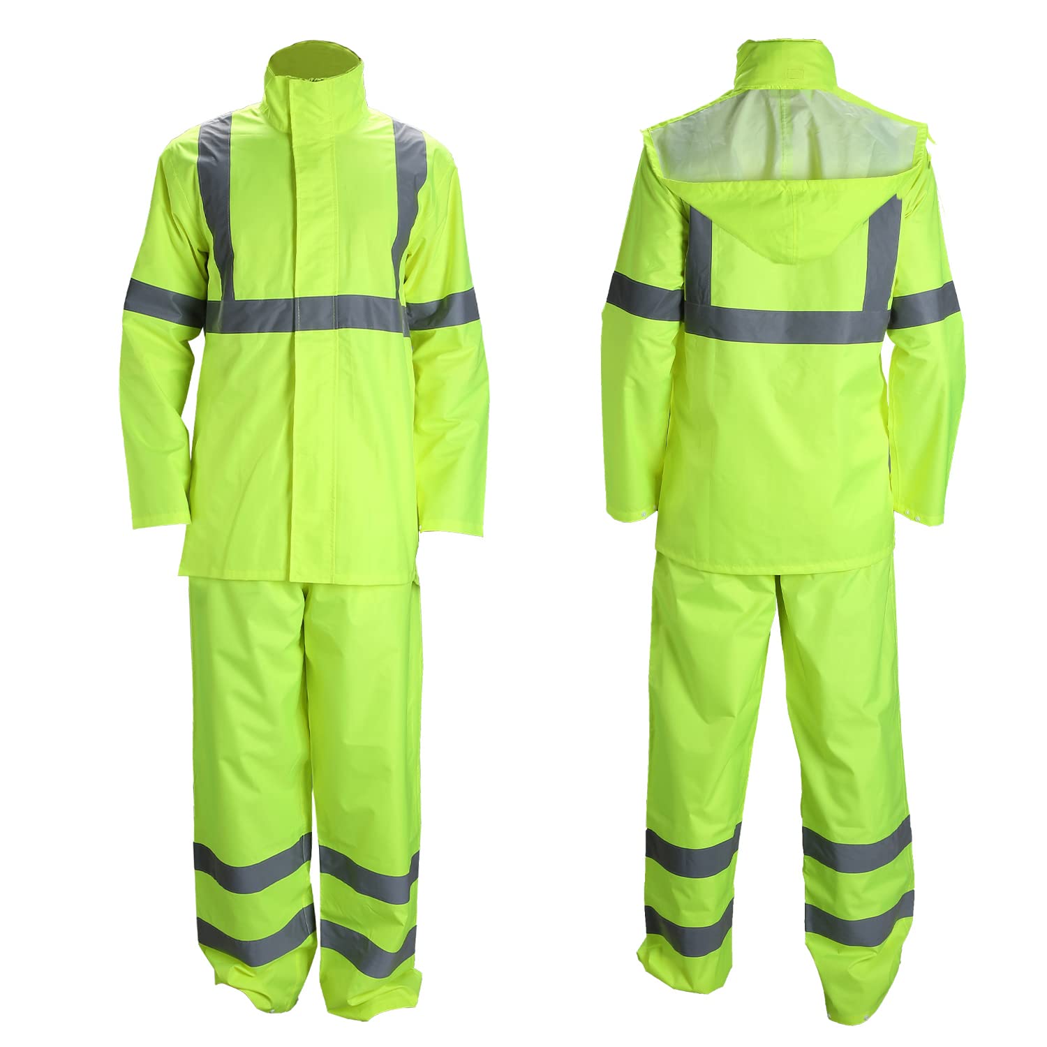 FONIRRA Class 3 High Visibility Rain Suit With Collapsible Hood Lime Reflective Safety Waterproof Worker Jacket & Pants (L/XL Yellow)