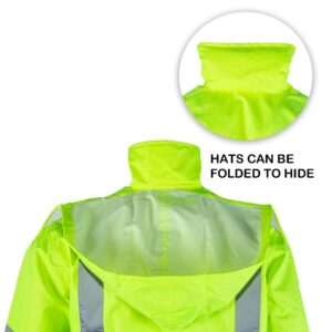 FONIRRA Class 3 High Visibility Rain Suit With Collapsible Hood Lime Reflective Safety Waterproof Worker Jacket & Pants (L/XL Yellow)