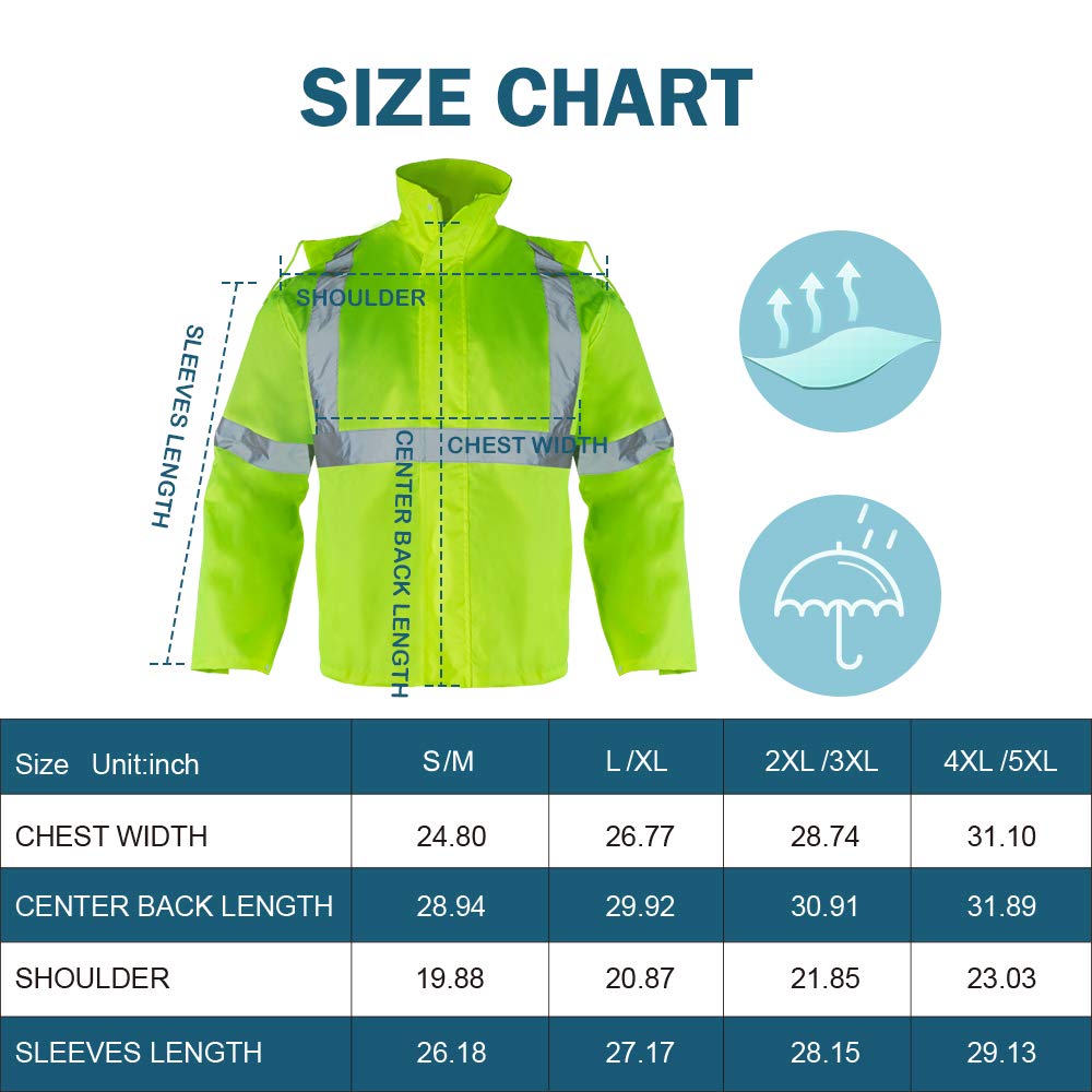 FONIRRA Class 3 High Visibility Rain Suit With Collapsible Hood Lime Reflective Safety Waterproof Worker Jacket & Pants (L/XL Yellow)