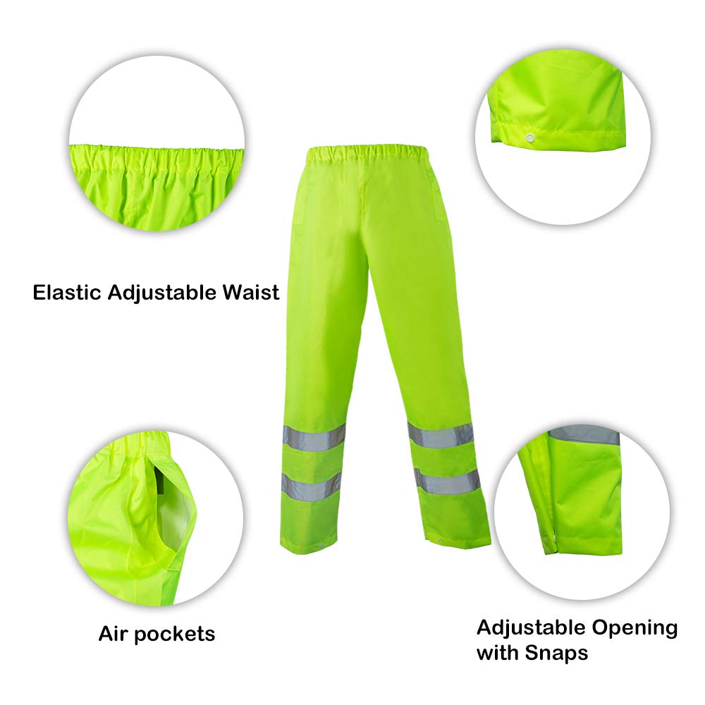 FONIRRA Class 3 High Visibility Rain Suit With Collapsible Hood Lime Reflective Safety Waterproof Worker Jacket & Pants (L/XL Yellow)