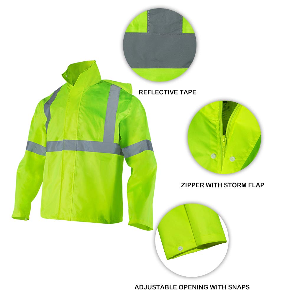 FONIRRA Class 3 High Visibility Rain Suit With Collapsible Hood Lime Reflective Safety Waterproof Worker Jacket & Pants (L/XL Yellow)