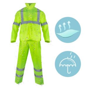 FONIRRA Class 3 High Visibility Rain Suit With Collapsible Hood Lime Reflective Safety Waterproof Worker Jacket & Pants (L/XL Yellow)