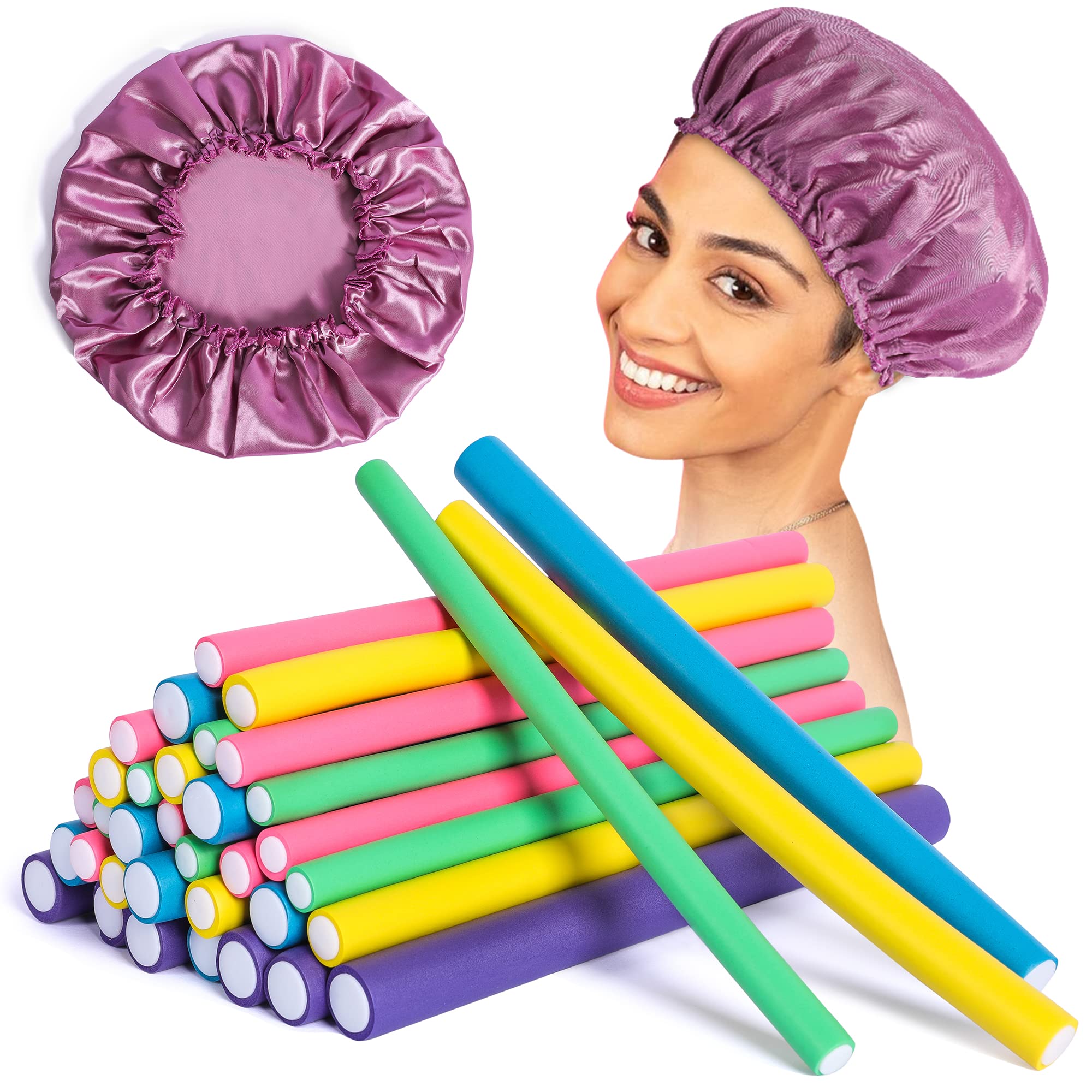 Goodofferplace 30-pack 9.45" Flexi Rods Flexible Curling Rods Twist-flex Bendy Foam Hair Rollers Curlers to sleep in for Short Long Hair with Hair Bonnet Cap