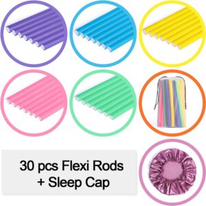 Goodofferplace 30-pack 9.45" Flexi Rods Flexible Curling Rods Twist-flex Bendy Foam Hair Rollers Curlers to sleep in for Short Long Hair with Hair Bonnet Cap