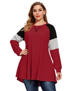 larace plus size tops women pullover sweatshirt color block tee long sleeve tunic striped raglan shirt(wine red 4x)