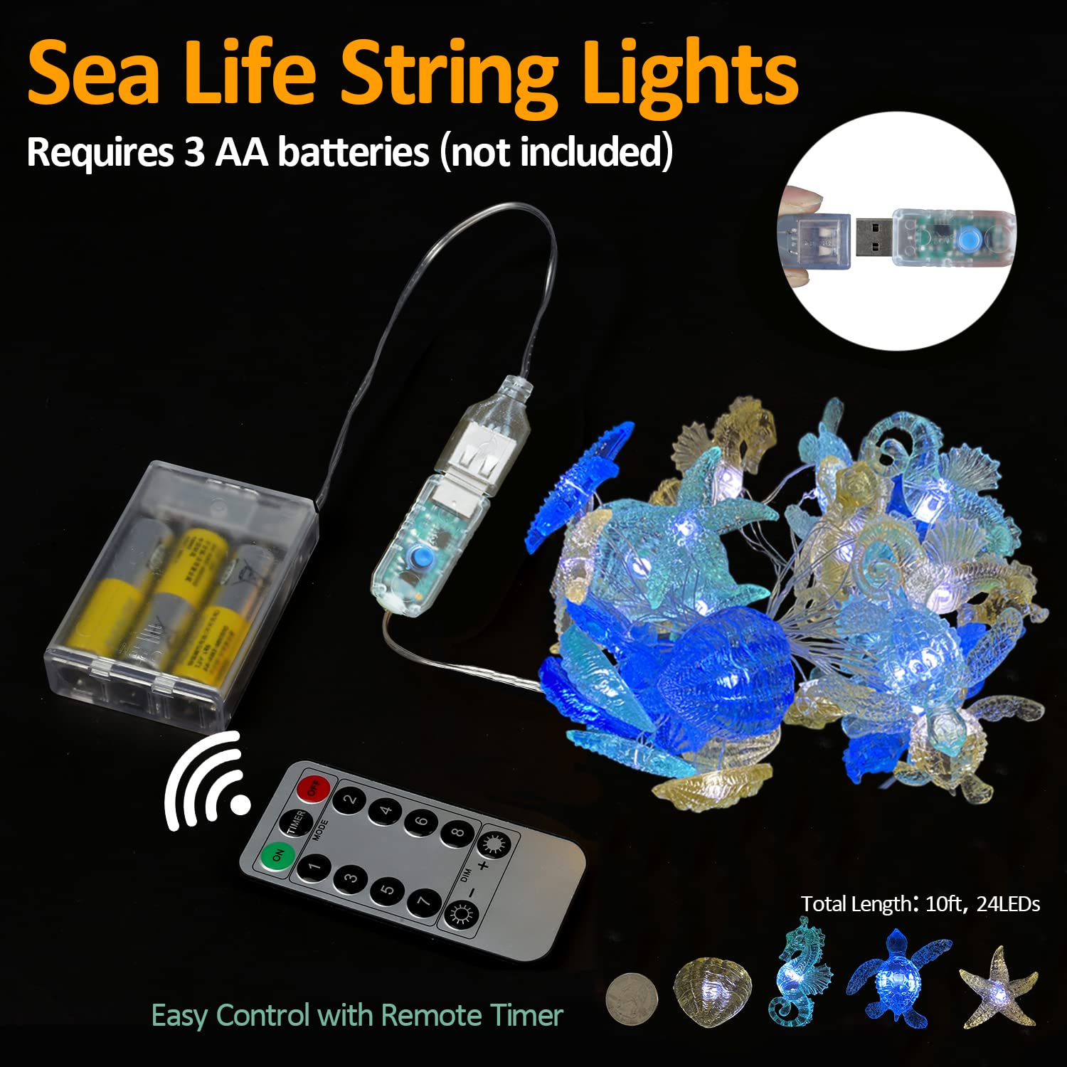 Ocean Themed String Lights Marine Life Night Lights Beach Décor Sea Turtle Seahorse Starfish Clam Decorative Lights Battery Operated USB Plug in 30LED 10ft Christmas Tree Ornaments Holiday Bedroom