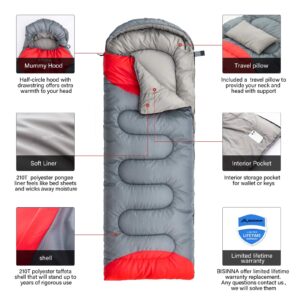 BISINNA Sleeping Bag with Pillow - 4 Season Backpacking Sleeping Bag Lightweight Waterproof Warm and Washable for Adults, Kids, Women, Men's Outdoors Camping, Hiking, Mountaineering