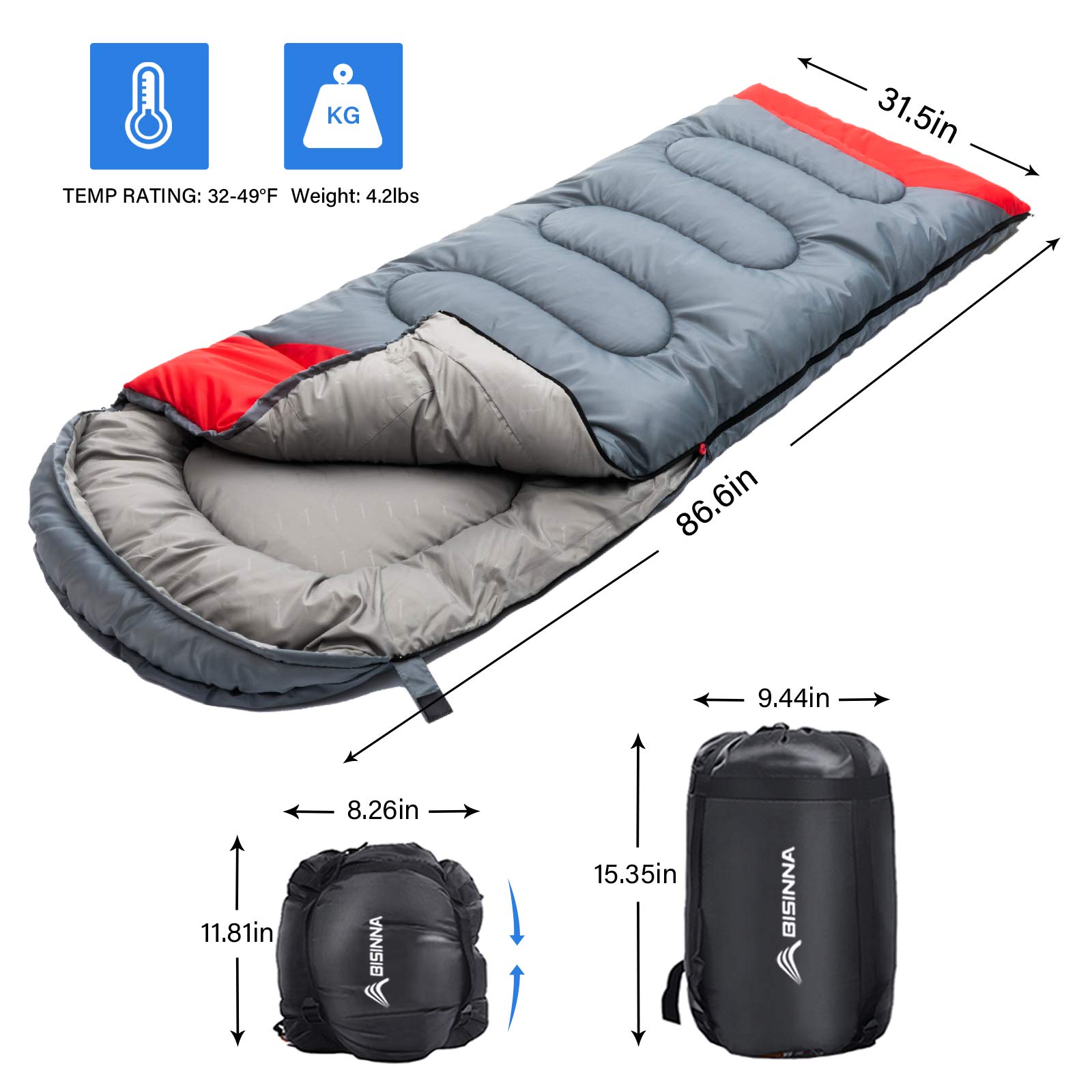 BISINNA Sleeping Bag with Pillow - 4 Season Backpacking Sleeping Bag Lightweight Waterproof Warm and Washable for Adults, Kids, Women, Men's Outdoors Camping, Hiking, Mountaineering