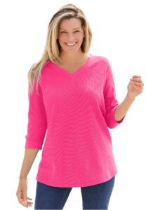 woman within women's plus size three-quarter sleeve thermal sweatshirt - 22/24, raspberry sorbet