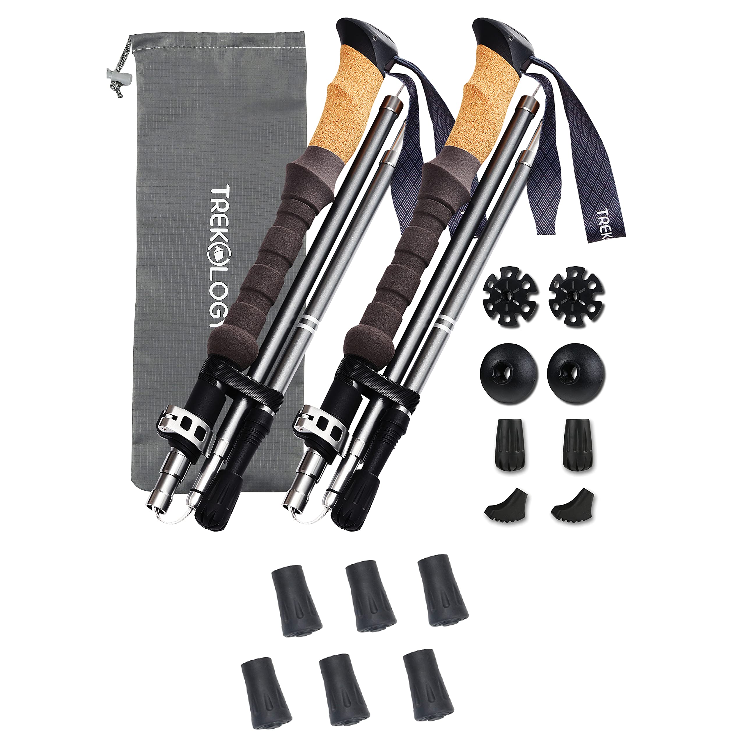 TREKOLOGY 2 pc Trekking Hiking Poles / 6 pc Replacement Rubber Tips-Collapsible Trekking Poles Nordic Hiking Pole Cork Grip. Lightweight Aluminum 7075,Adjustable Quick Flip-Lock, Folding Walking Stick