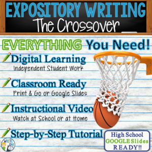 text analysis expository writing for the crossover distance learning or in class, independent student instruction, instructional video, ppt, worksheets, rubric, graphic organizer, google slides