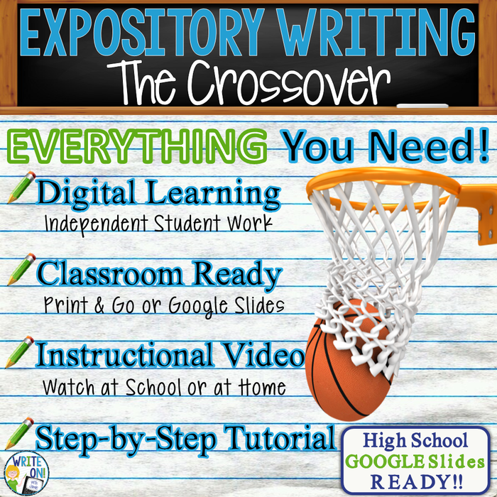 Text Analysis Expository Writing for The Crossover Distance Learning or In Class, Independent Student Instruction, Instructional Video, PPT, Worksheets, Rubric, Graphic Organizer, Google Slides