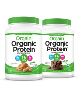 orgain organic vegan protein powder (peanut butter, creamy chocolate fudge) - 21g plant based protein | gluten free | dairy free | no sugar added