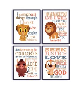 lion king christian nursery decor set of 4 unframed prints - mufasa, pumba, simba and timon with bible verses