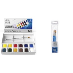winsor & newton cotman water colour paint sketchers' pocket box, half pans, 13 count (12 colors and a brush) and cotman short handle brush (4 pack) (round 1, 4, & 6, one stroke 3/8")