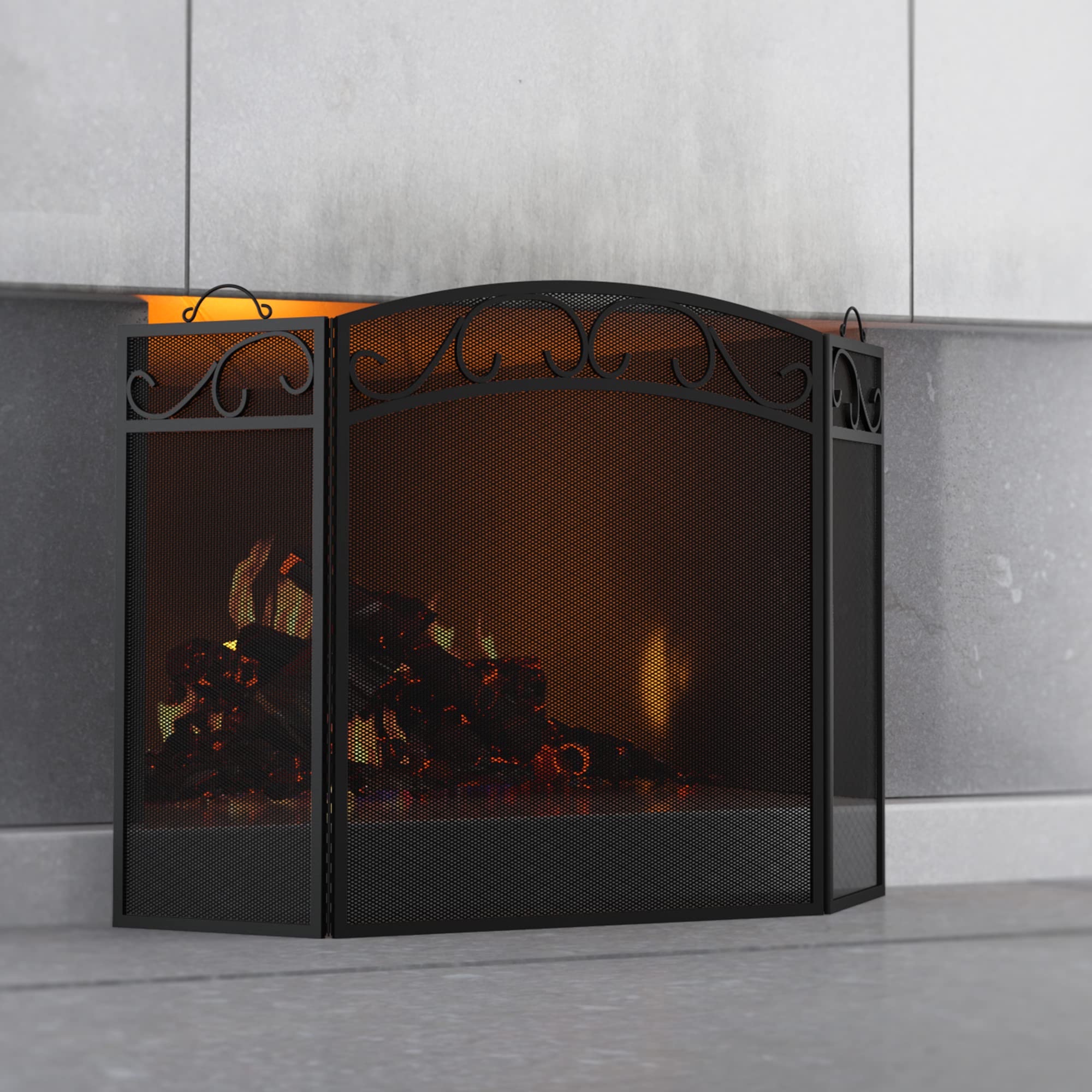 Fire Beauty Fireplace Screen 3 Panel with Handles Wrought Iron 51"(L) x31(H) Spark Guard Cover(Black)