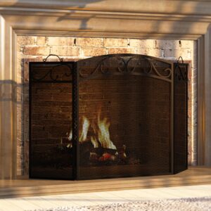 Fire Beauty Fireplace Screen 3 Panel with Handles Wrought Iron 51"(L) x31(H) Spark Guard Cover(Black)