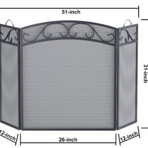 Fire Beauty Fireplace Screen 3 Panel with Handles Wrought Iron 51"(L) x31(H) Spark Guard Cover(Black)