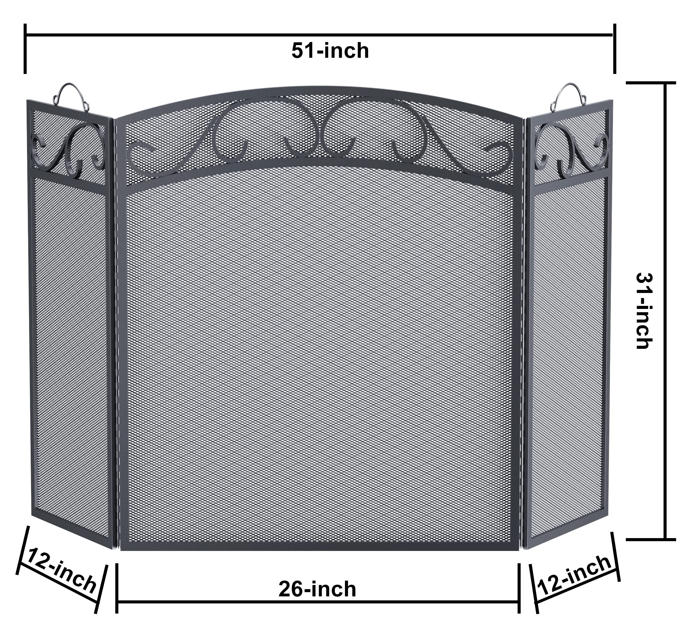 Fire Beauty Fireplace Screen 3 Panel with Handles Wrought Iron 51"(L) x31(H) Spark Guard Cover(Black)