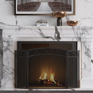 Fire Beauty Fireplace Screen 3 Panel with Handles Wrought Iron 51"(L) x31(H) Spark Guard Cover(Black)