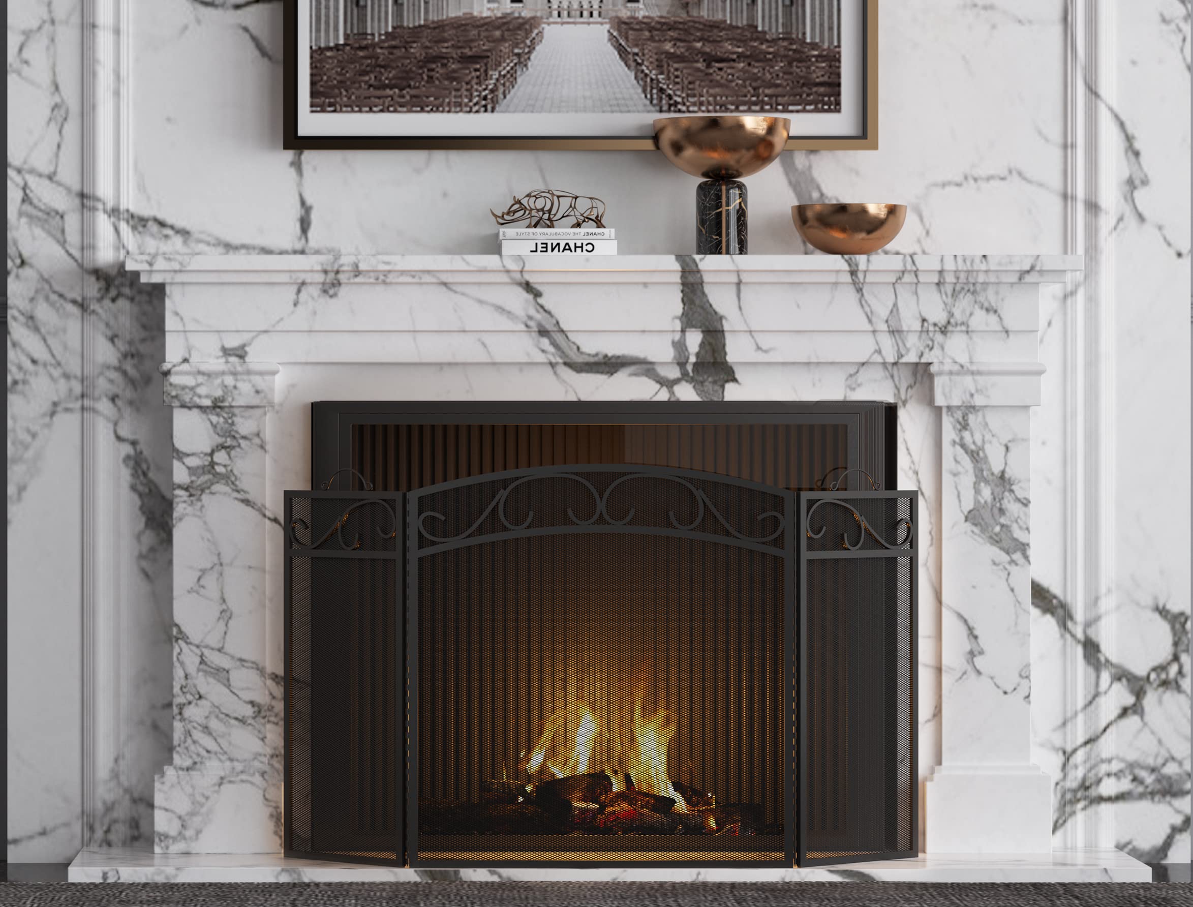 Fire Beauty Fireplace Screen 3 Panel with Handles Wrought Iron 51"(L) x31(H) Spark Guard Cover(Black)