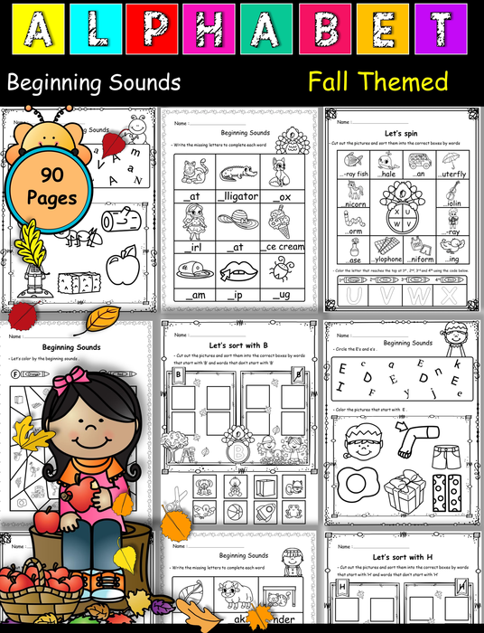 Beginning Sounds Fall Activities : Color, Write and Spin by the beginning sounds.