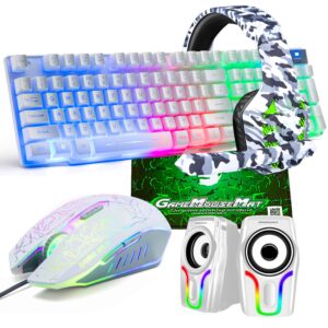 gaming keyboard and mouse,5 in 1 gaming combo,12w hd sound speakers rainbow led backlit wired keyboard,2400dpi 6 button optical gaming mouse,gaming headset,gaming mouse pad for pc gaming(white)