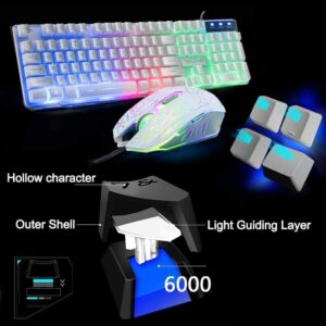 Gaming Keyboard and Mouse,5 in 1 Gaming Combo,12W HD Sound Speakers Rainbow LED Backlit Wired Keyboard,2400DPI 6 Button Optical Gaming Mouse,Gaming Headset,Gaming Mouse Pad for PC Gaming(White)