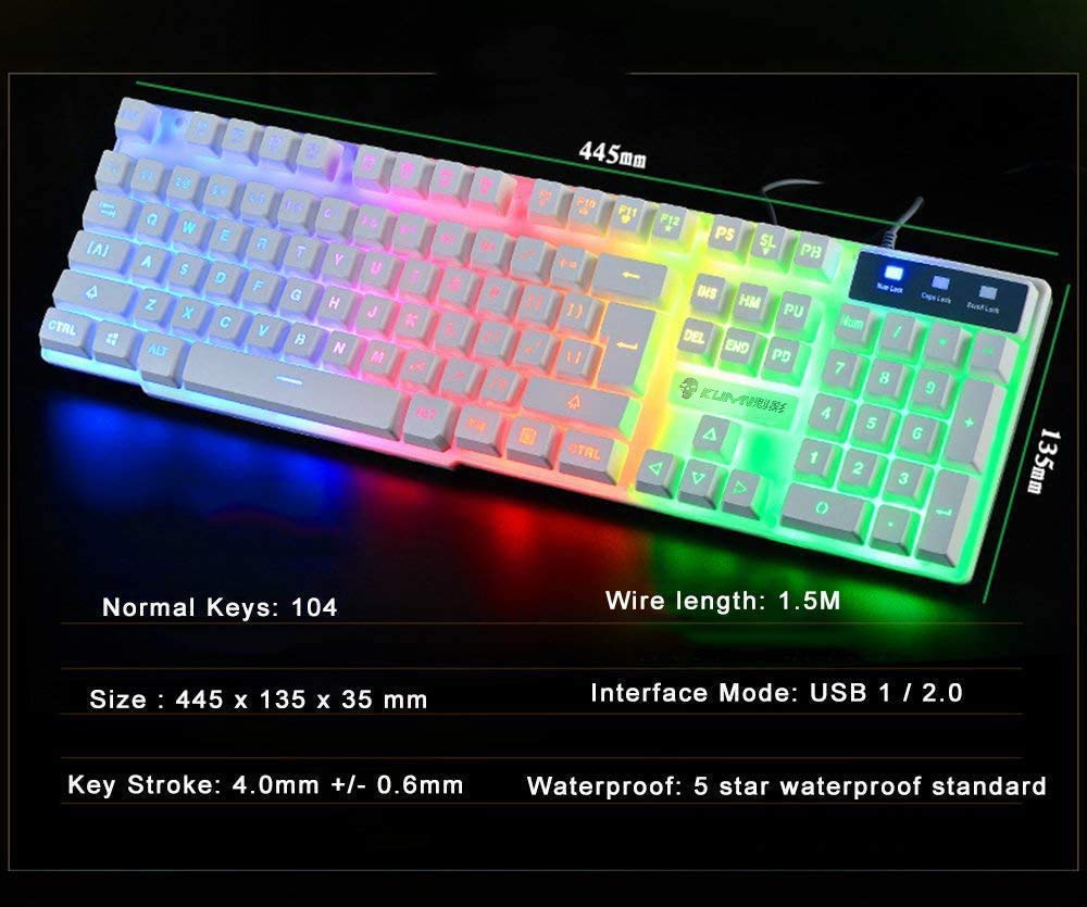 Gaming Keyboard and Mouse,5 in 1 Gaming Combo,12W HD Sound Speakers Rainbow LED Backlit Wired Keyboard,2400DPI 6 Button Optical Gaming Mouse,Gaming Headset,Gaming Mouse Pad for PC Gaming(White)