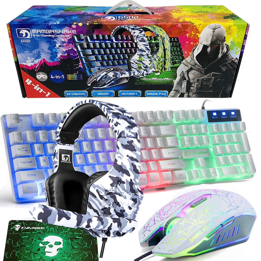 Gaming Keyboard and Mouse,5 in 1 Gaming Combo,12W HD Sound Speakers Rainbow LED Backlit Wired Keyboard,2400DPI 6 Button Optical Gaming Mouse,Gaming Headset,Gaming Mouse Pad for PC Gaming(White)