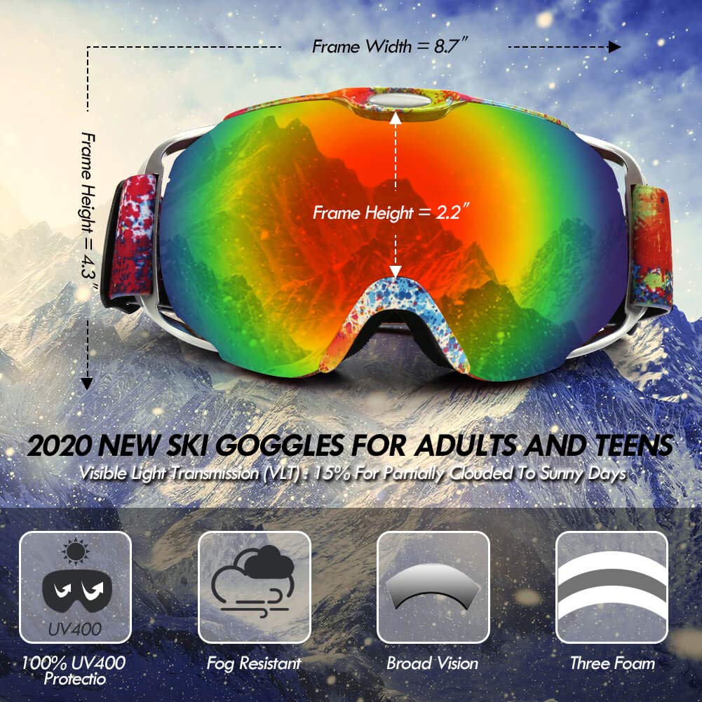 Houzemann Ski Goggles Over Glasses - NEW Anti-Fog and UV400 Protection Snowboard Goggles for Men Women Youth, Spherical Dual Lens Snow Goggles, Skiing Goggles for Men Women Teens (Flower)