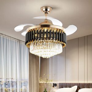 morechange 42" fandalier ceiling fans with lights retractable blades remote control modern chandelier ceiling fan 3 speeds 3 color changes lighting fixtures, silent motor with led kits(gold+black)
