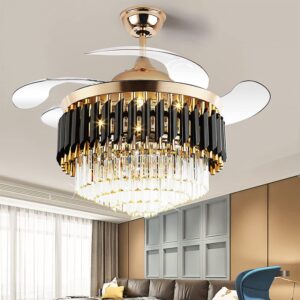 MoreChange 42" Fandalier Ceiling Fans with Lights Retractable Blades Remote Control Modern Chandelier Ceiling Fan 3 Speeds 3 Color Changes Lighting Fixtures, Silent Motor with LED Kits(Gold+Black)