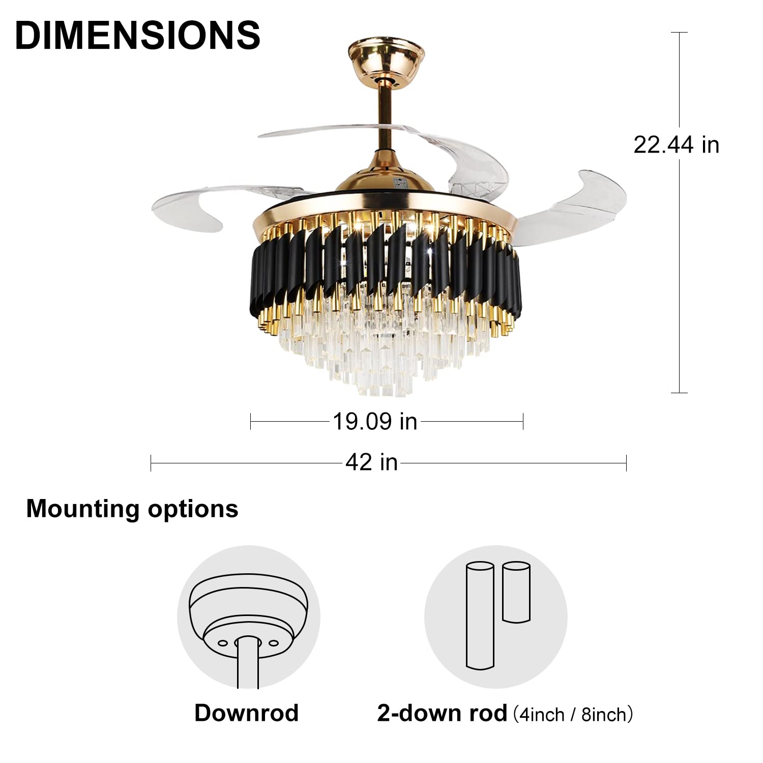 MoreChange 42" Fandalier Ceiling Fans with Lights Retractable Blades Remote Control Modern Chandelier Ceiling Fan 3 Speeds 3 Color Changes Lighting Fixtures, Silent Motor with LED Kits(Gold+Black)