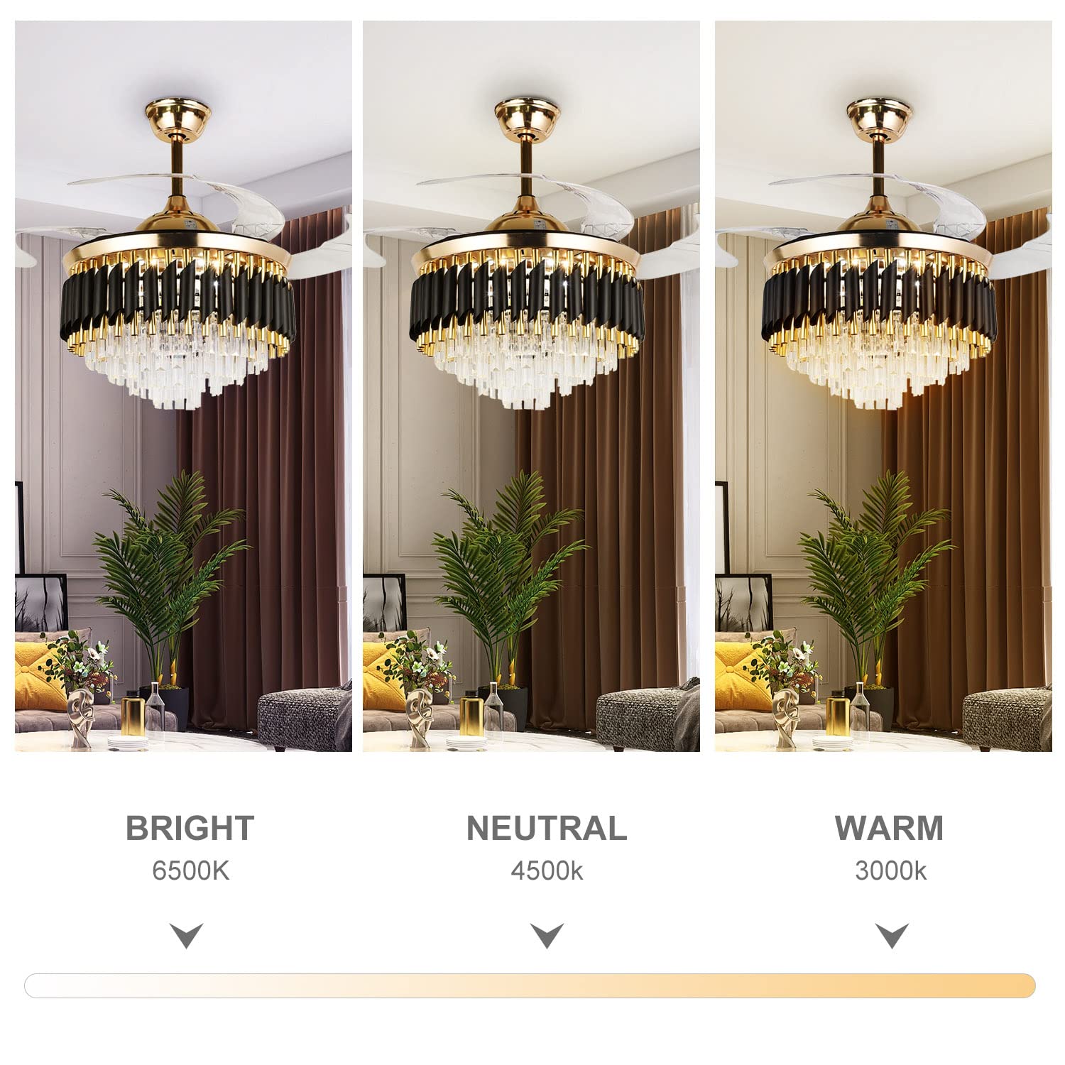 MoreChange 42" Fandalier Ceiling Fans with Lights Retractable Blades Remote Control Modern Chandelier Ceiling Fan 3 Speeds 3 Color Changes Lighting Fixtures, Silent Motor with LED Kits(Gold+Black)