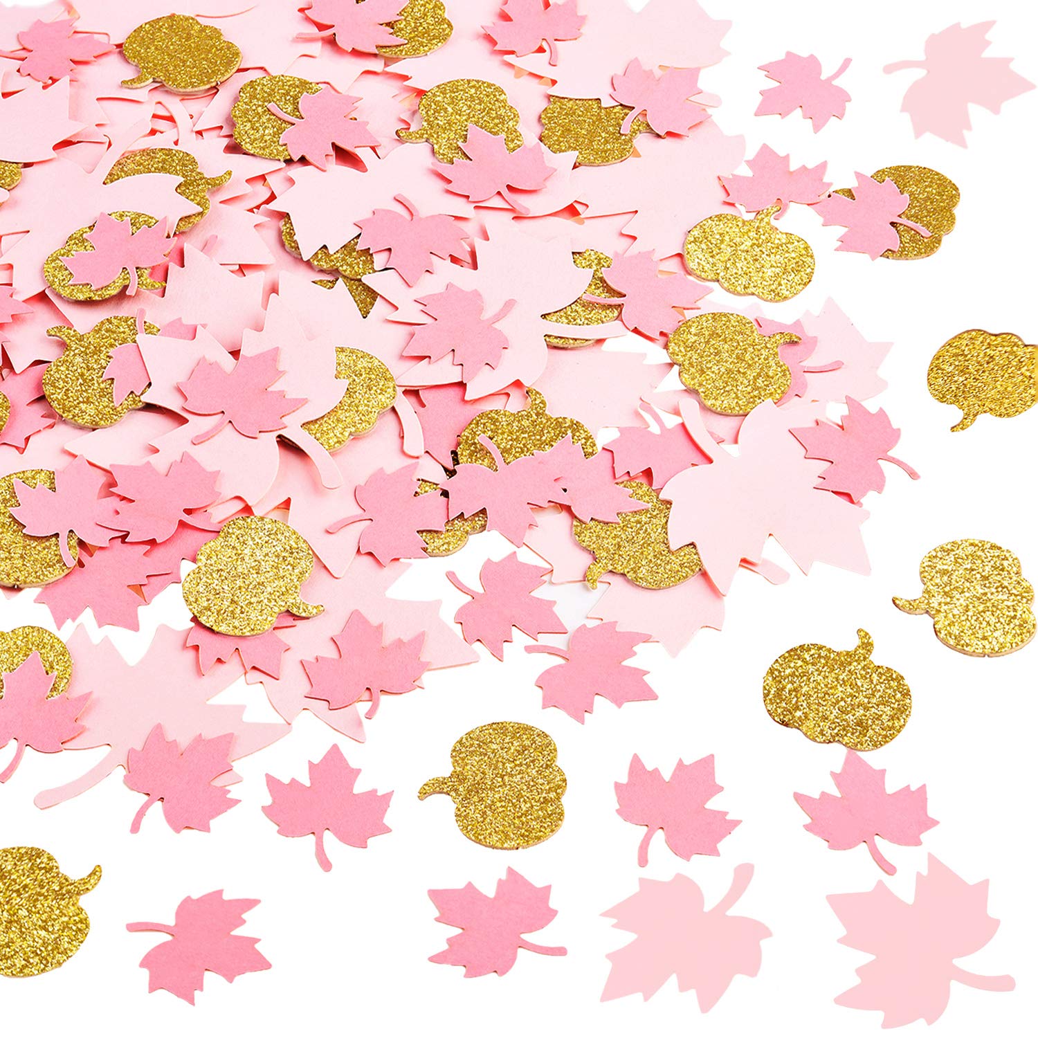 Thanksgiving Pink and Gold Pumpkin Confetti Christmas Baby Shower Maple Leaf Confetti Glitter Thanksgiving Pumpkin Decorations Table Confetti for Baby Girl Birthday Party Supplies (Simple, 200)