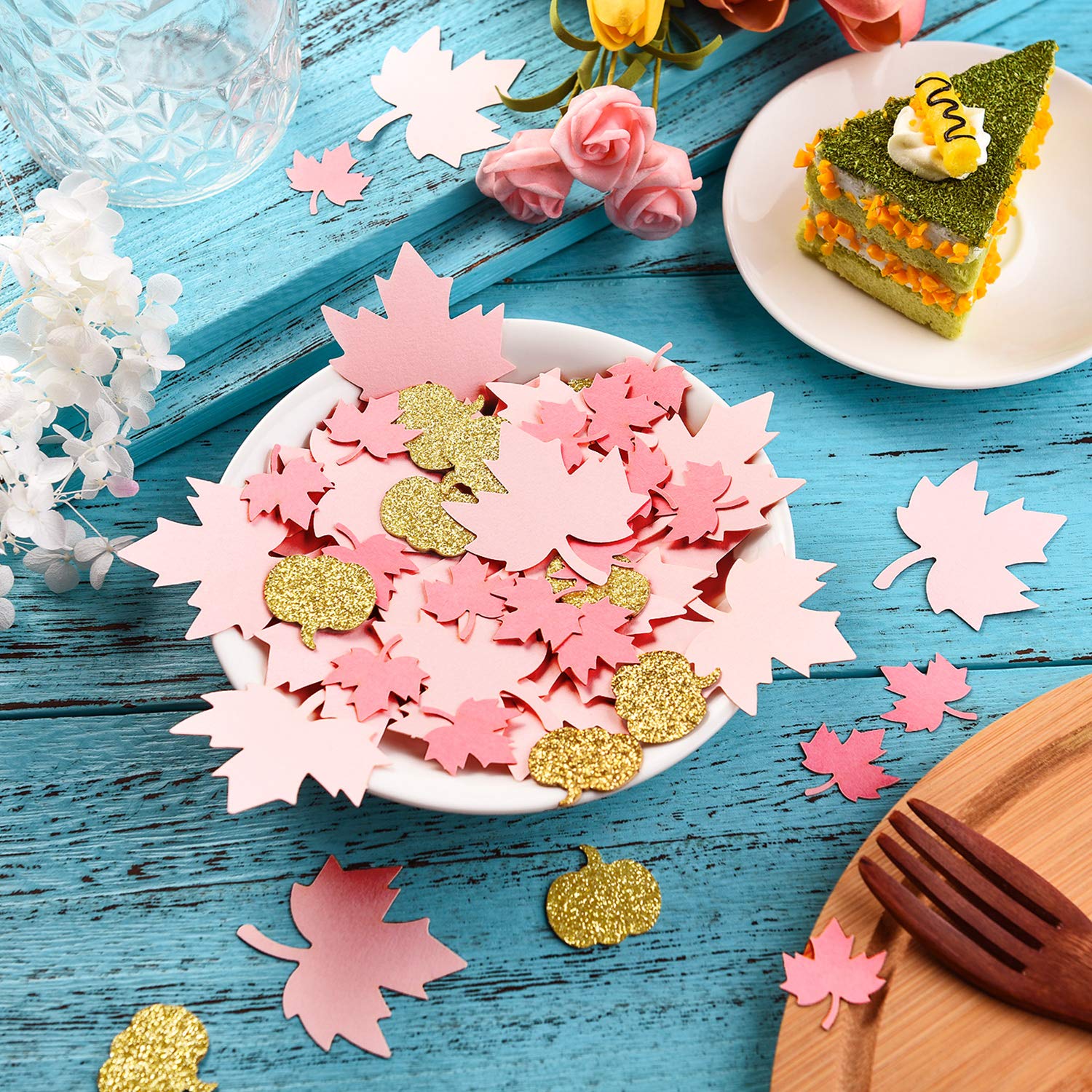 Thanksgiving Pink and Gold Pumpkin Confetti Christmas Baby Shower Maple Leaf Confetti Glitter Thanksgiving Pumpkin Decorations Table Confetti for Baby Girl Birthday Party Supplies (Simple, 200)