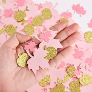 Thanksgiving Pink and Gold Pumpkin Confetti Christmas Baby Shower Maple Leaf Confetti Glitter Thanksgiving Pumpkin Decorations Table Confetti for Baby Girl Birthday Party Supplies (Simple, 200)