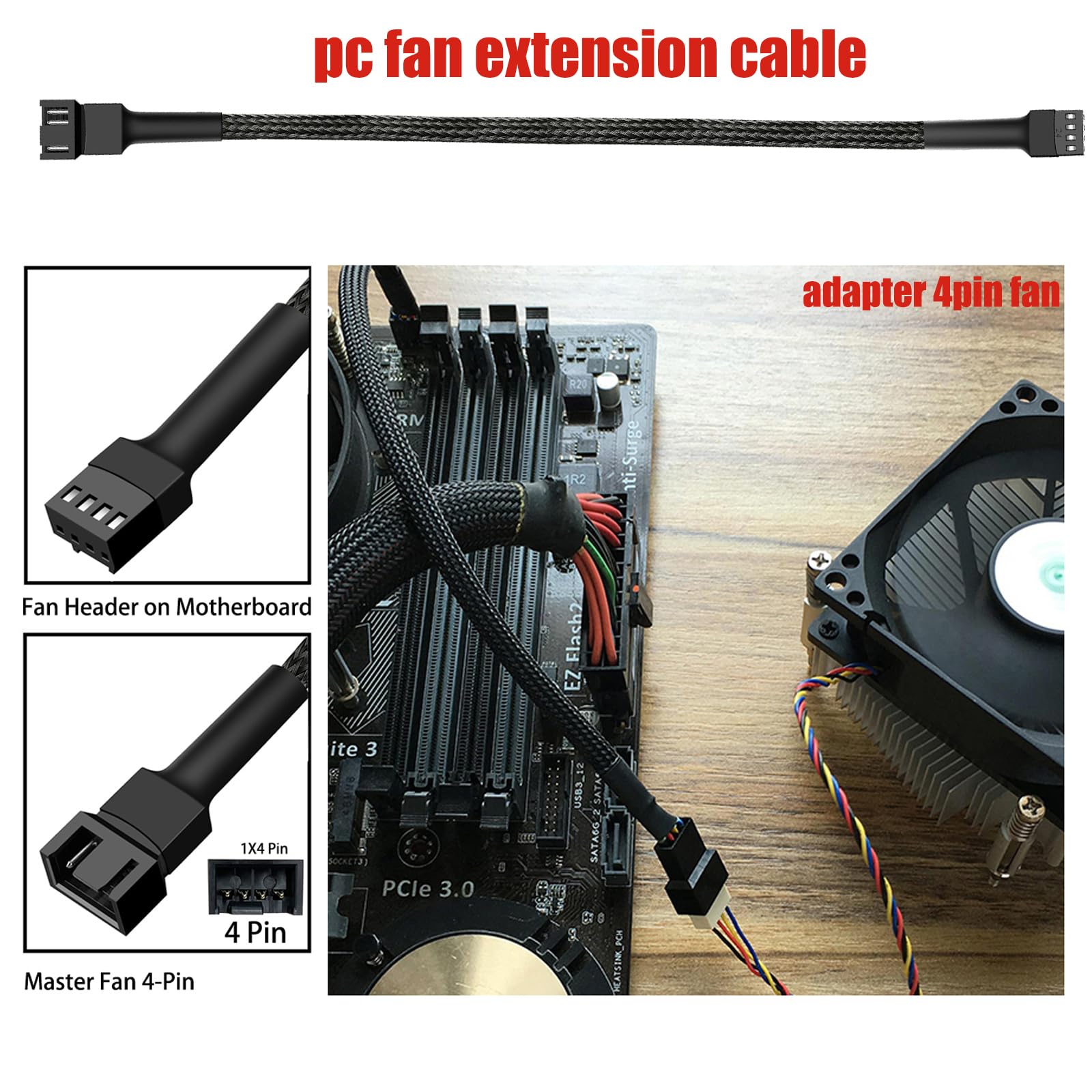 skineat 11.8" pwm Fan Extension Cable，4 pin Fan Extension Cable，Cable Extension pc，3-Pin/4-Pin Cooling Fan Extension Cable Wire (11.8"（30cm） 10pcs)