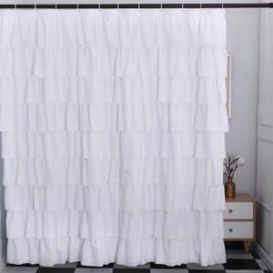 GARSTYLE White Ruffle Fabric Shower Curtain for Bathroom | Farmhouse Style 72’’x72’’