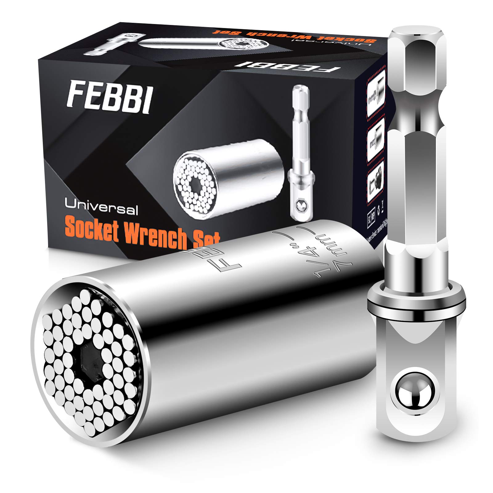 FEBBI Universal Socket, New Upgrade Gator Grip Universal Socket Wrench Set (7-19mm) with Ratchet Wrench Power Drill Adapter, Dad Gift, Best Tool Gifts for Men, Father, Husband DIY Handyman or Women