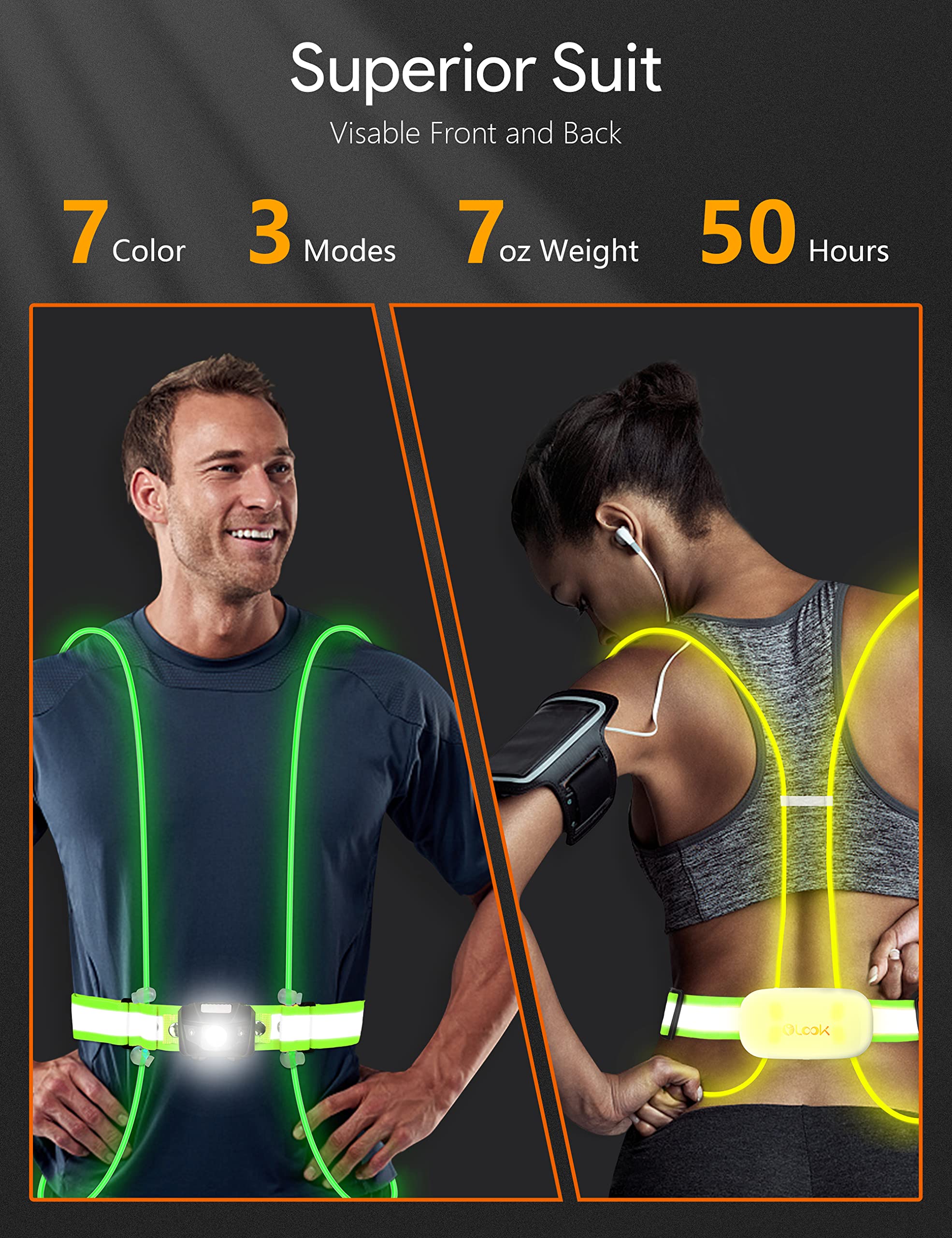 Olook High Visibility LED Light Up Vest with Running Light, 360° Reflective Safety Gear for Night Running, Cycling, Joggers, Rechargeable and Waterproof, L-Green(Patent Pending)