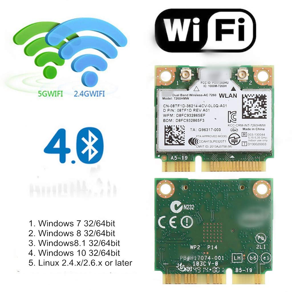 Mini pcie WiFi Card Dual Band Wireless AC 7260 PCI Express Network Card 802.11ac 2x2 Wi-Fi 7260hmw Bluetooth 4.0 Half WiFi Card for Laptop Desktop