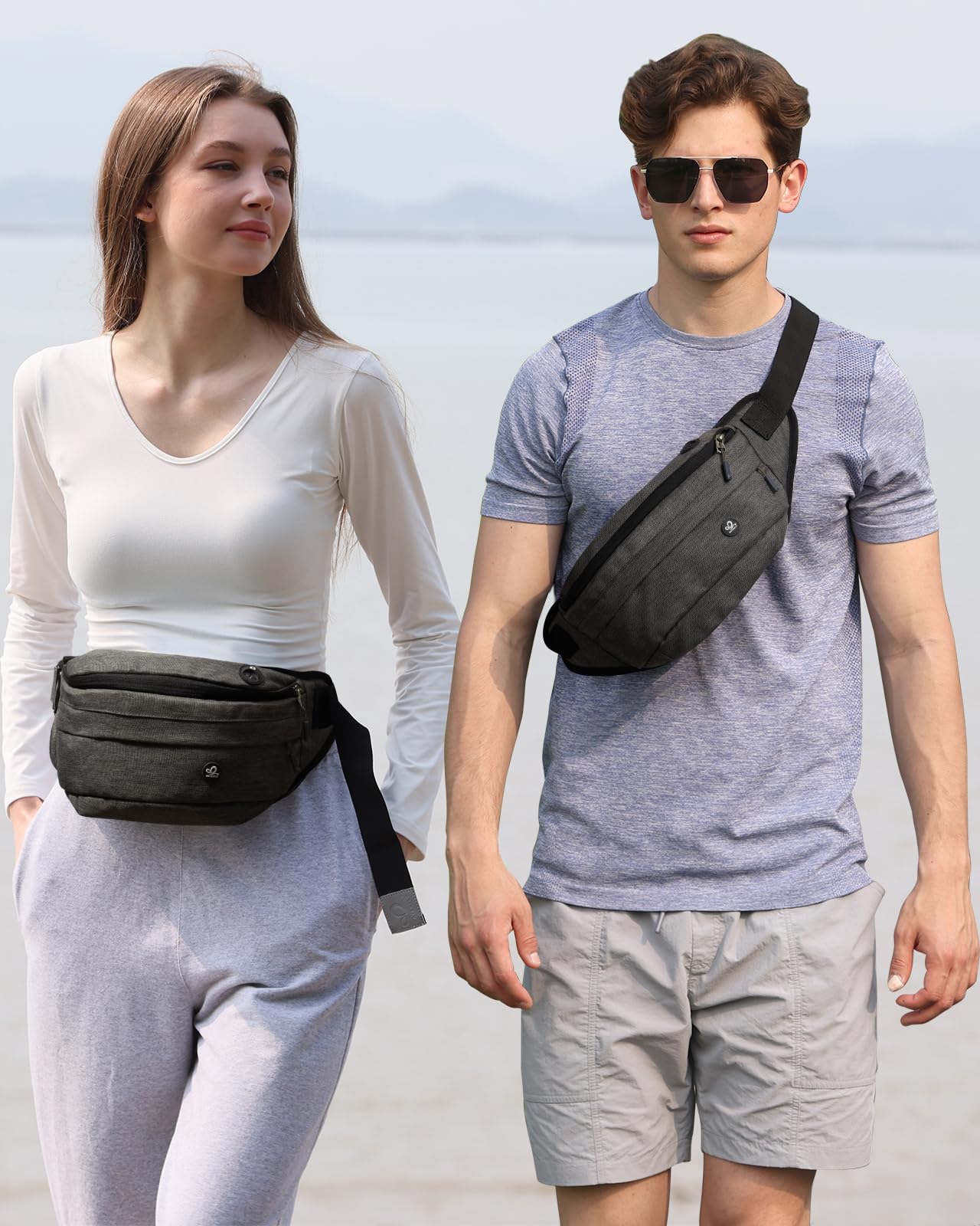 WATERFLY Fanny Pack for Men Women Water Resistant Large Hiking Waist Bag Pack Carrying All Phones for Running Walking Traveling Grey