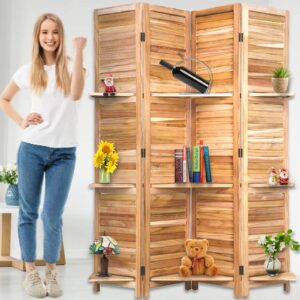 room divider and folding privacy screens with 3 shelves,4 panel folding wood privacy wall divider,portable partition with stand freestanding for home office, bedroom wood room divider,natural