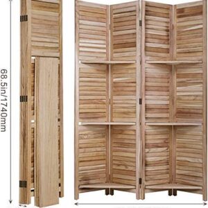 Room Divider and Folding Privacy Screens with 3 Shelves,4 Panel Folding Wood Privacy Wall Divider,Portable Partition with Stand freestanding for Home Office, Bedroom Wood Room Divider,Natural