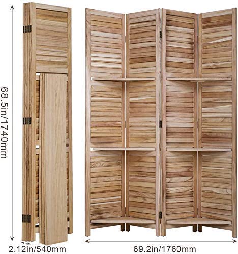 Room Divider and Folding Privacy Screens with 3 Shelves,4 Panel Folding Wood Privacy Wall Divider,Portable Partition with Stand freestanding for Home Office, Bedroom Wood Room Divider,Natural