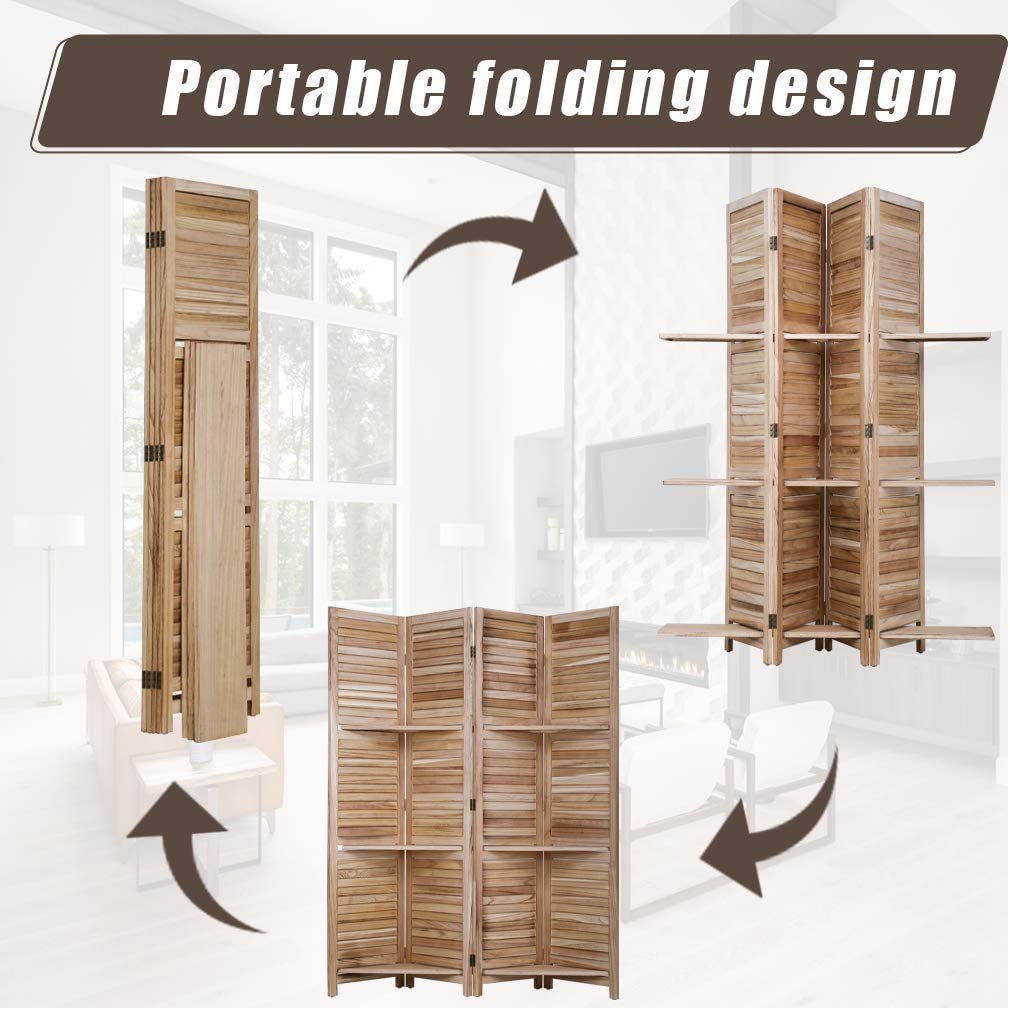 Room Divider and Folding Privacy Screens with 3 Shelves,4 Panel Folding Wood Privacy Wall Divider,Portable Partition with Stand freestanding for Home Office, Bedroom Wood Room Divider,Natural