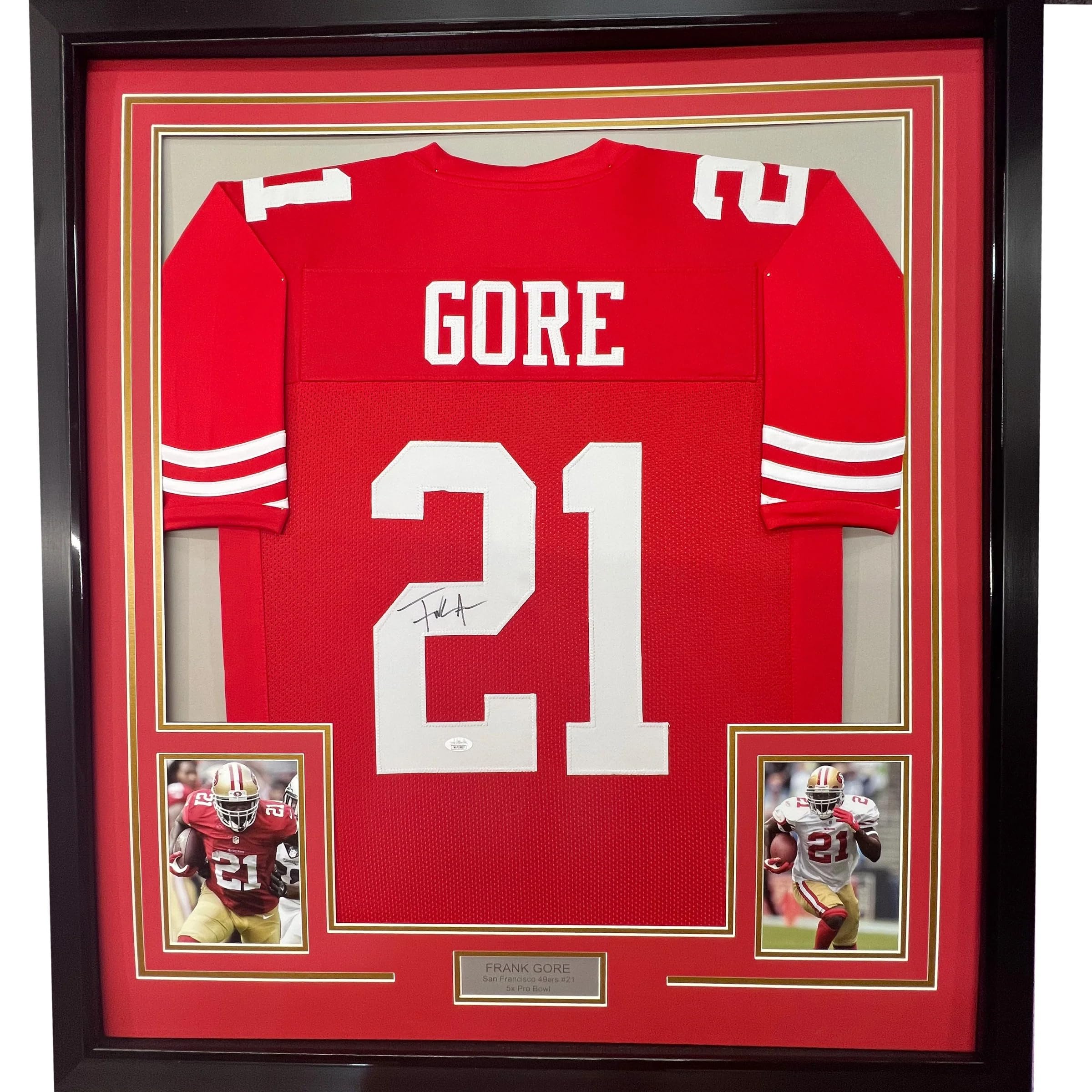 Framed Autographed/Signed Frank Gore 33x42 San Francisco Red Football Jersey JSA COA